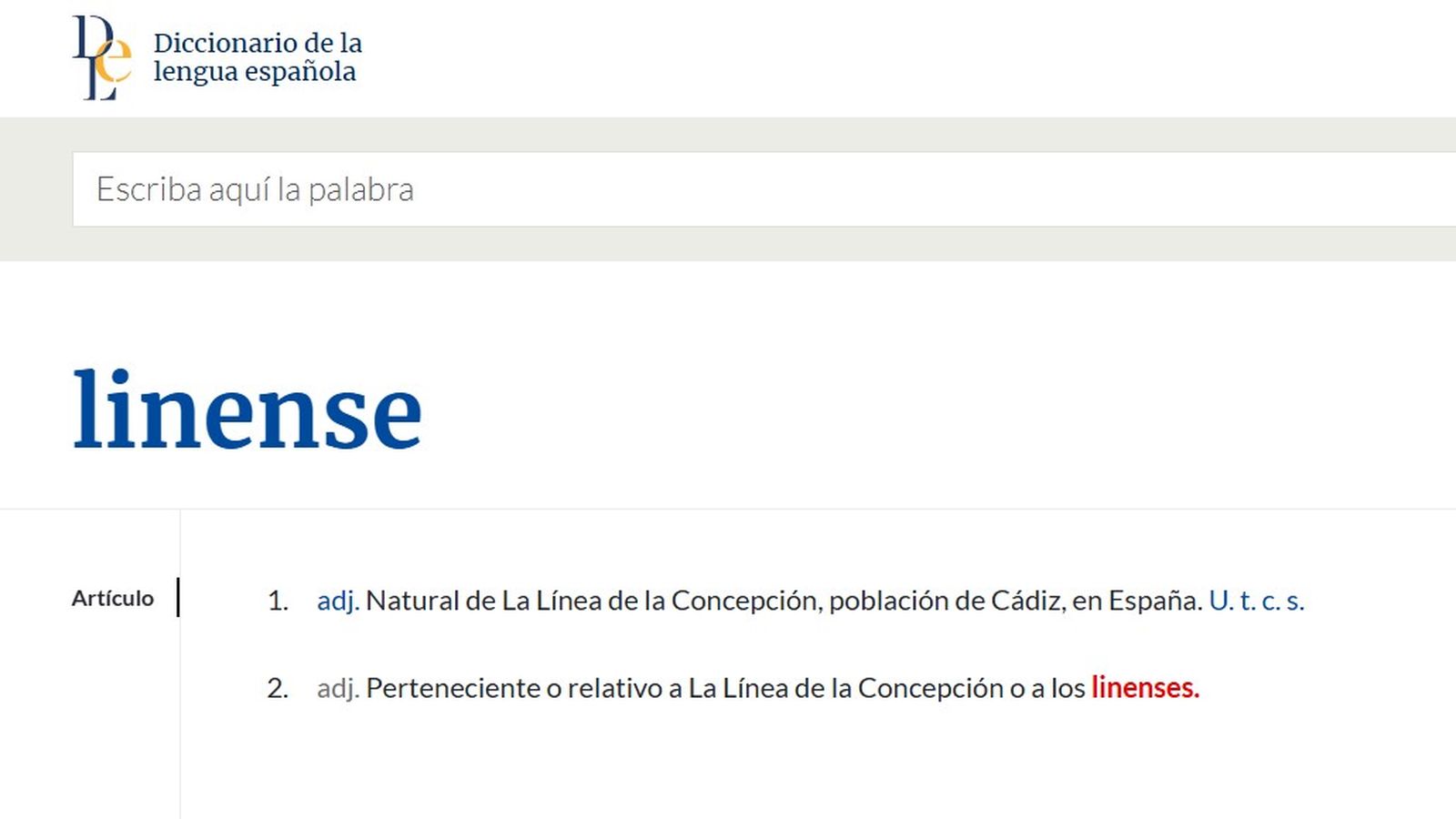 La entrada "linense" en el Diccionario de la lengua española.