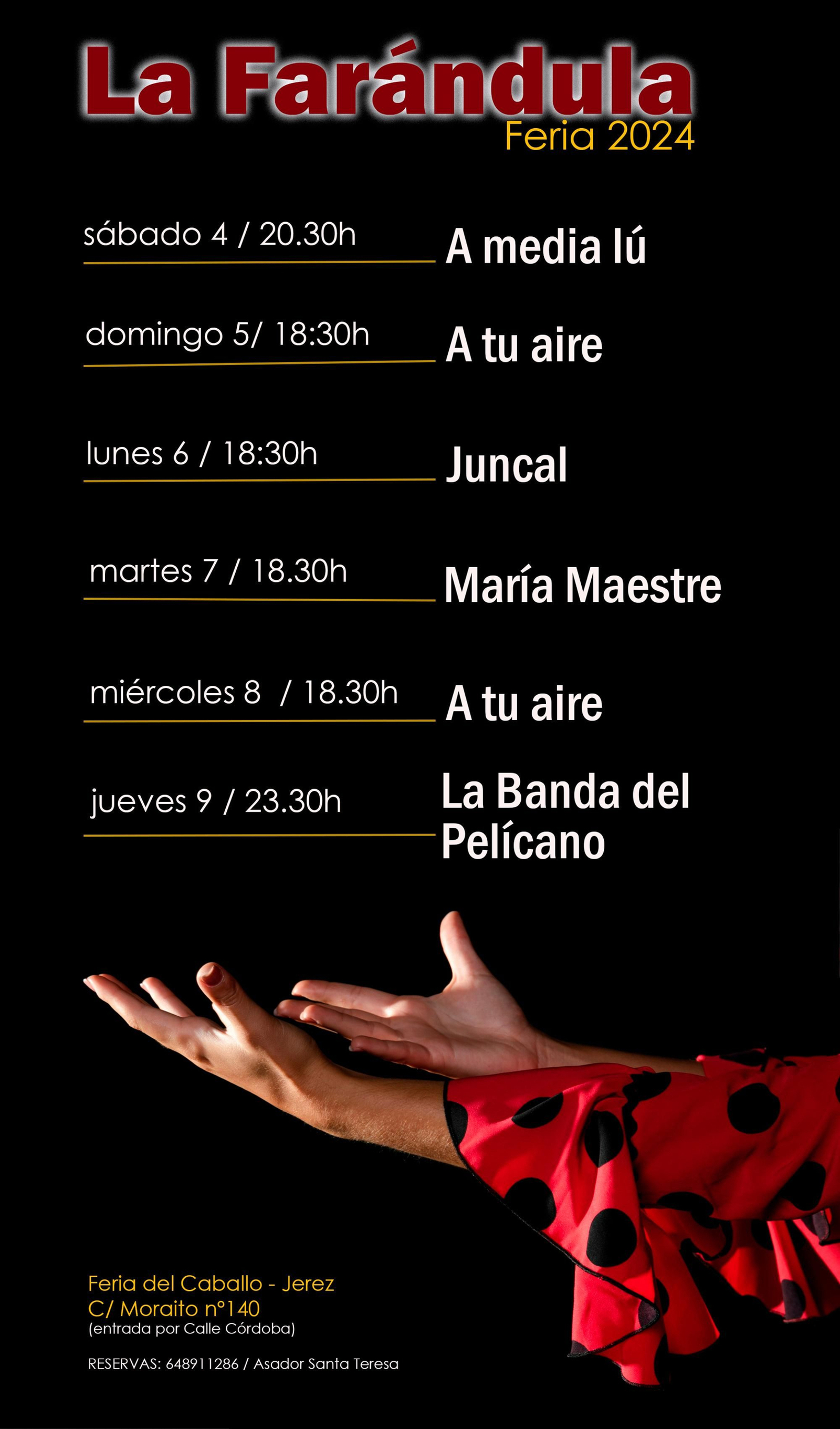 Programa de actuaciones de la Caseta La Farándula en la Feria de Jerez 2024.