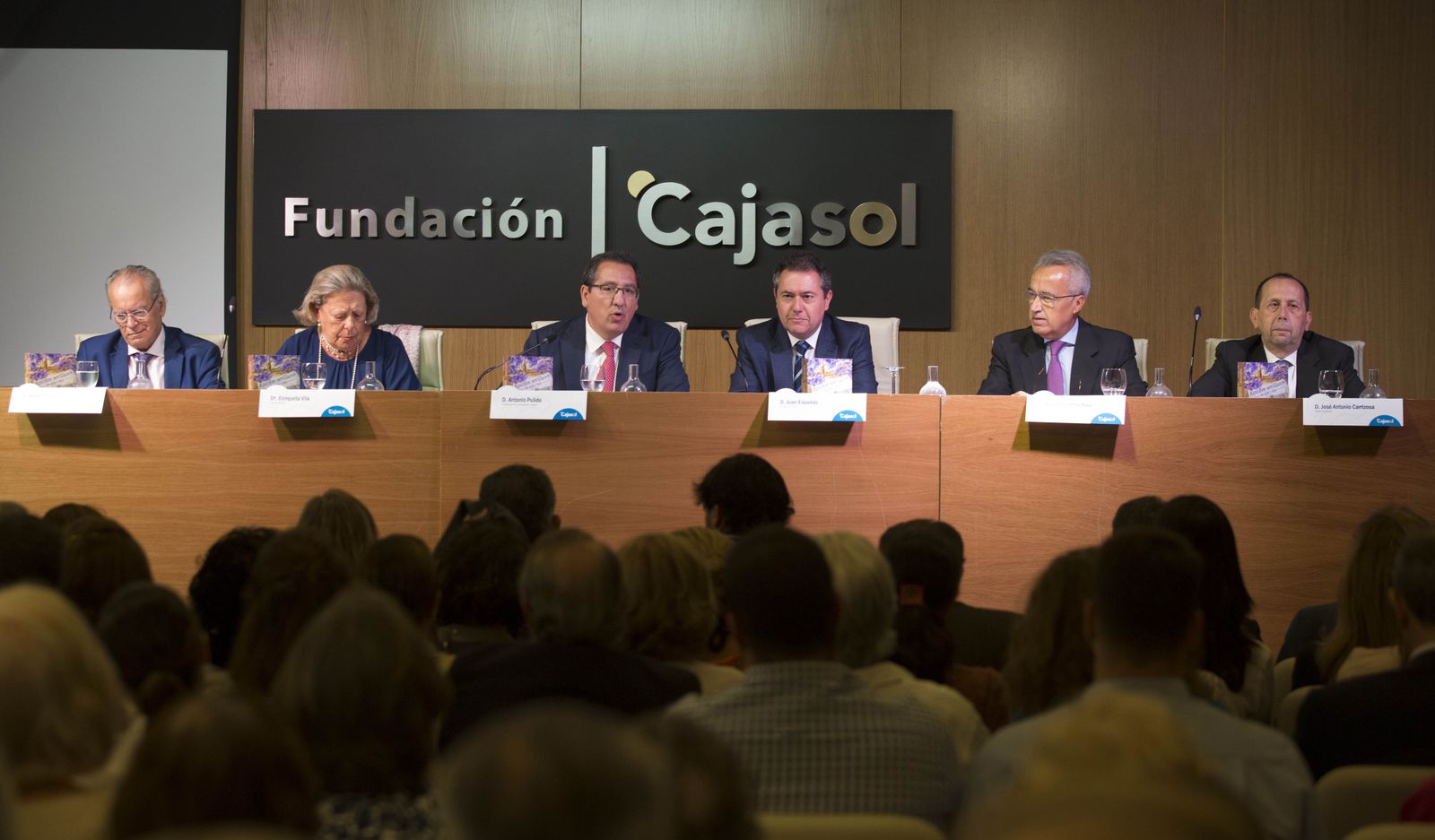 De izquierda a derecha, Álvaro Ybarra, Enriqueta Vila, Antonio Pulido, Juan Espadas, Pablo Gutiérrez-Alviz y José Antonio Carrizosa, ayer en la Fundación Cajasol.