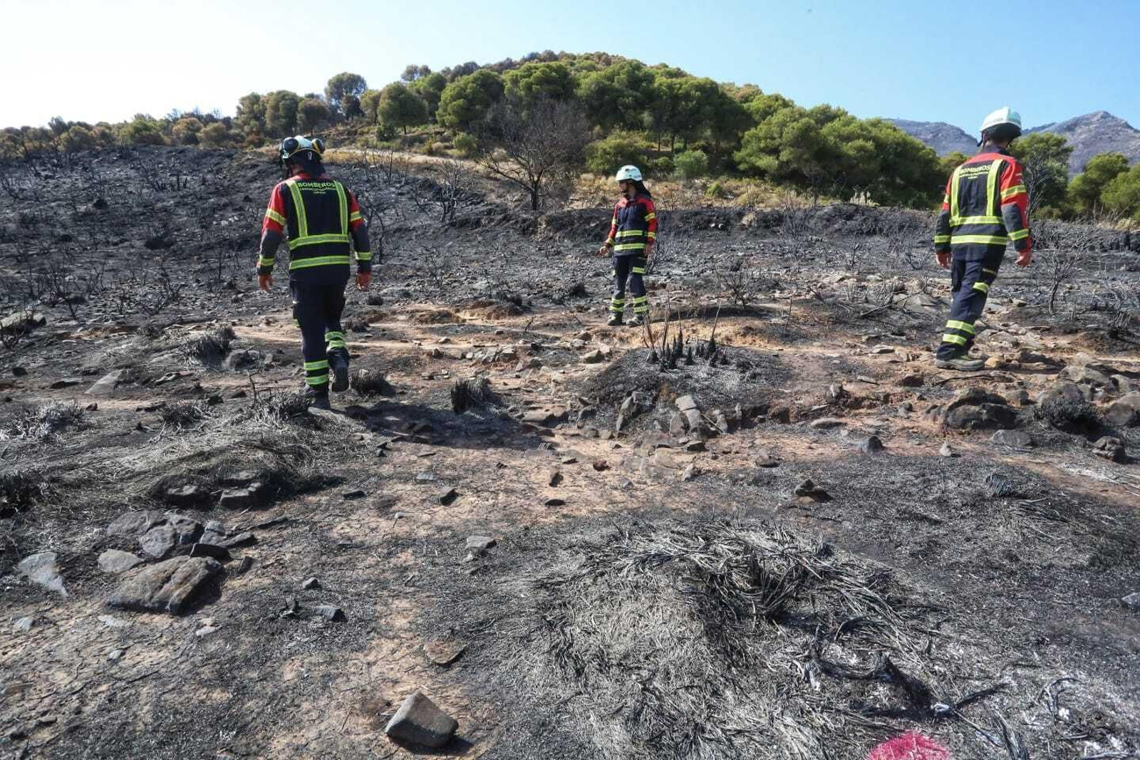 Bomberos en zonas calcinadas por el incendio en la Sierra de Mijas.