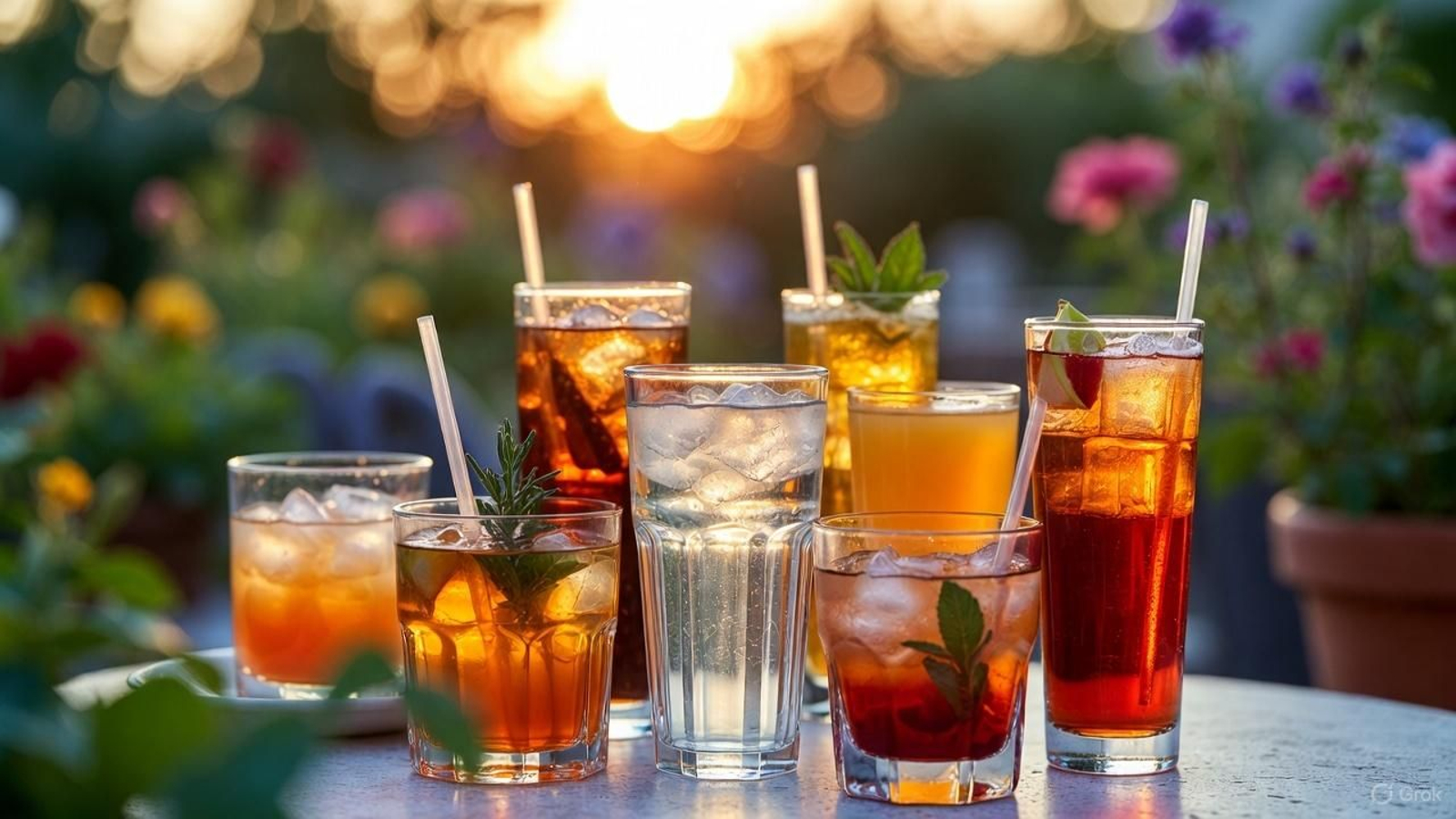 Bebidas en un jardín al atardecer