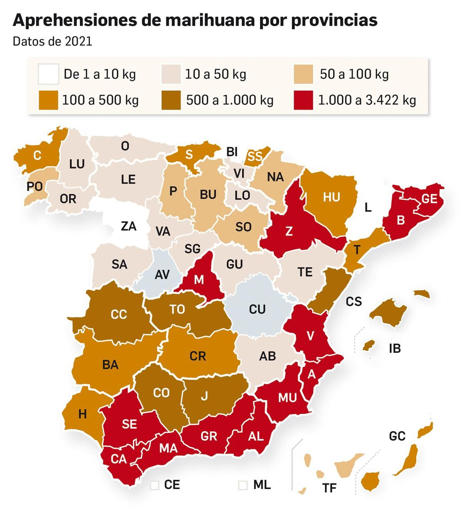 Incautaciones en España por provincias. Fuente: Ministerio del Interior