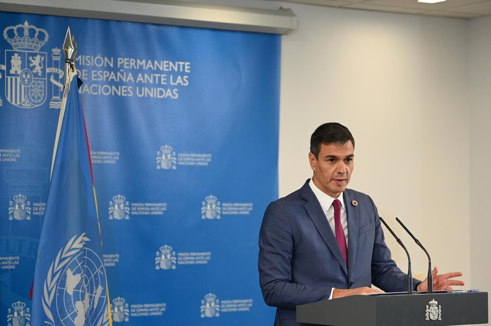 Pedro Sánchez, en la rueda de prensa que ofreció en Nueva York.