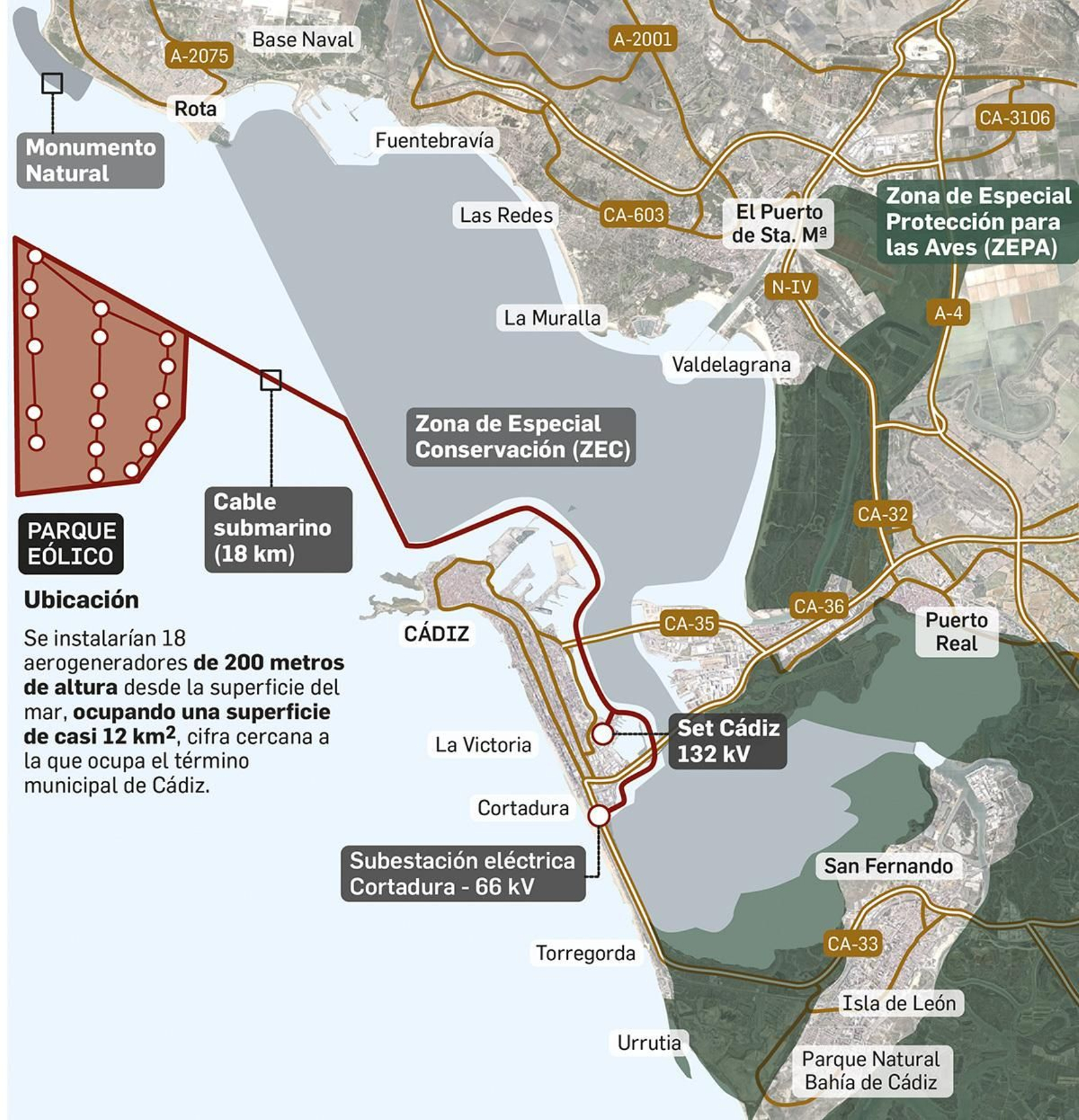 Ubicación del parque eólico marino que se proyecta a la entrada de la Bahía de Cádiz