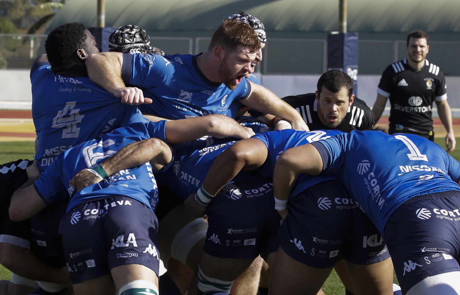 Varios jugadores del Ciencias Cajasol se emplean a fondo en una melé.