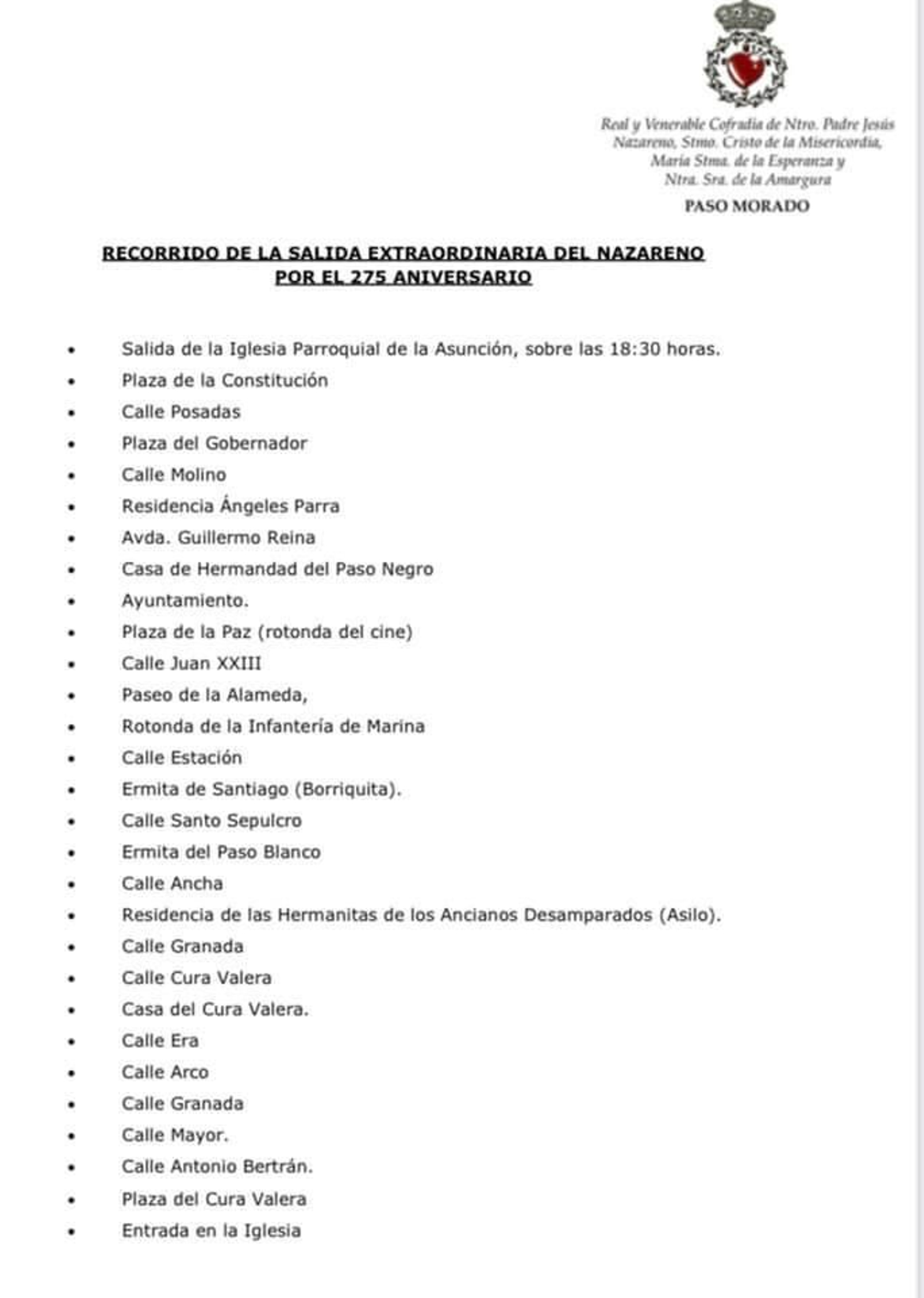 Itinerario de la procesión.
