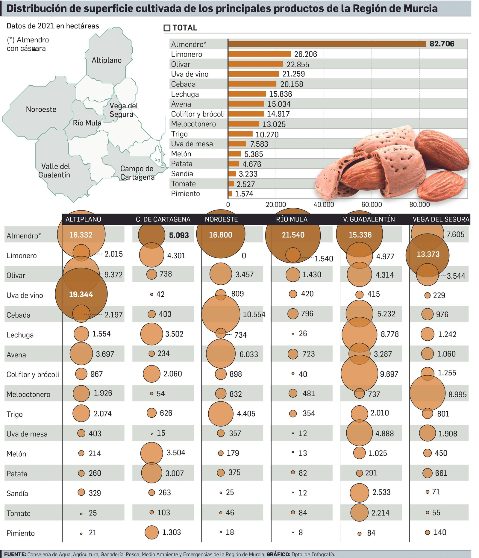 Gráfico de las zonas de producción de la Región de Murcia.