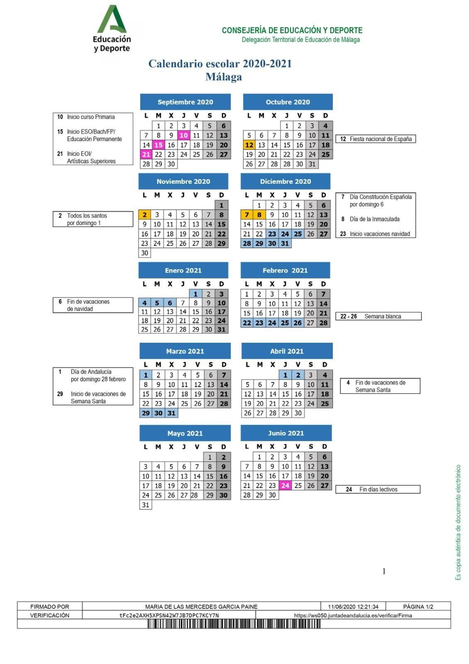 Calendario del curso escolar 2020-2021