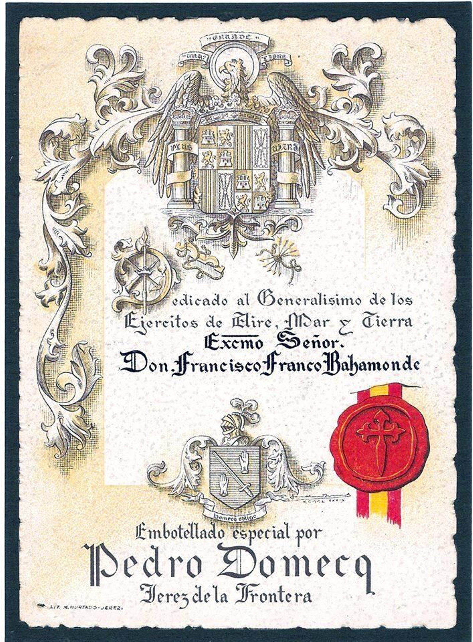 Etiqueta diseñada por José Luis Torres para un vino que Domecq dedicó a Franco.