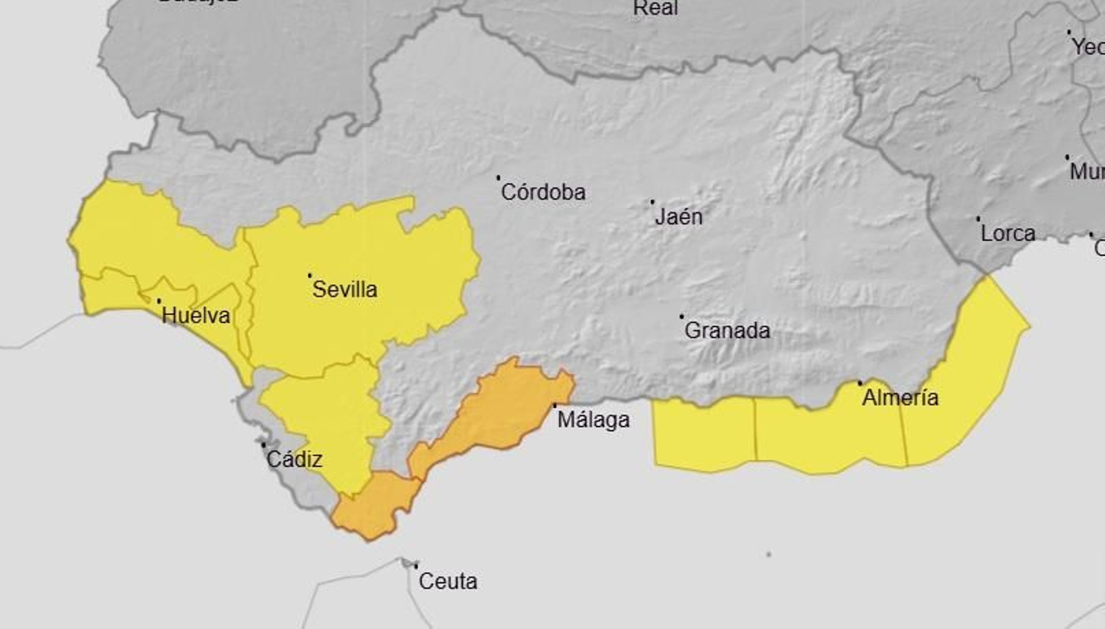 Andalucía occidental, en alerta hasta las 21:00 horas de este lunes.