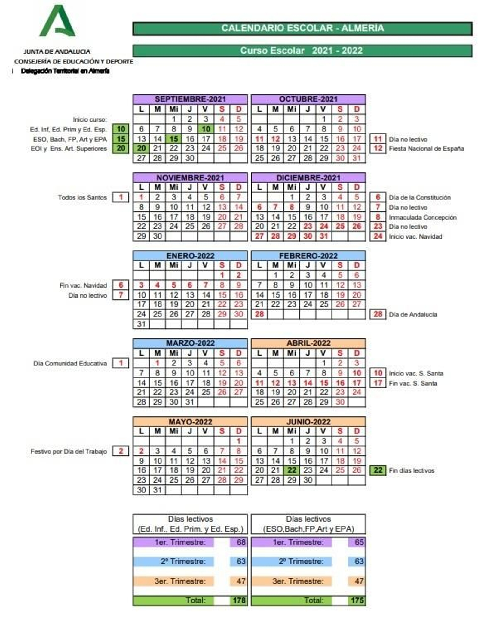 CALENDARIO ESCOLAR ALMERIA