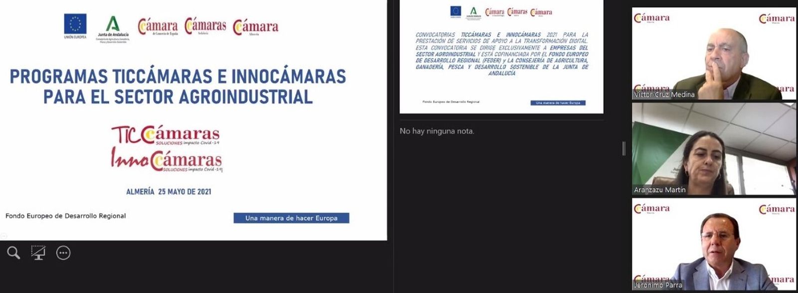 Víctor Cruz y Jerónimo Parra de la Cámara de Almería con la delegada Aránzazu Martín en el webinar de presentación de las ayudas