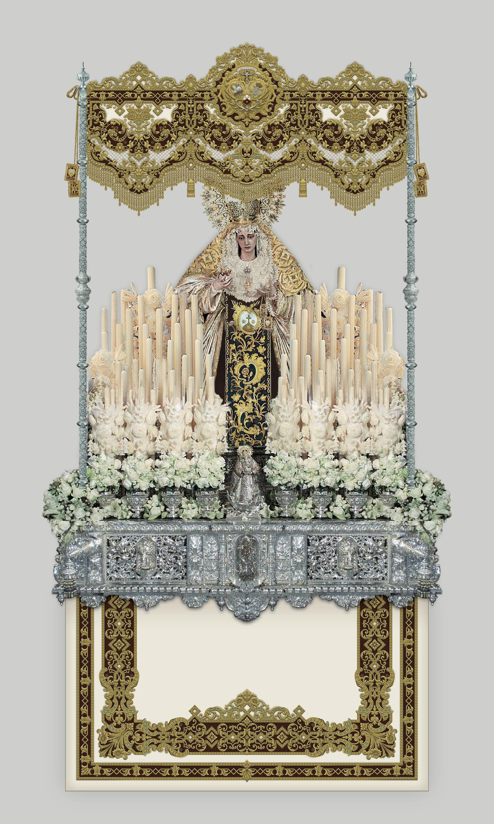 Recreación de la vista frontal del palio con la Virgen del Carmen.