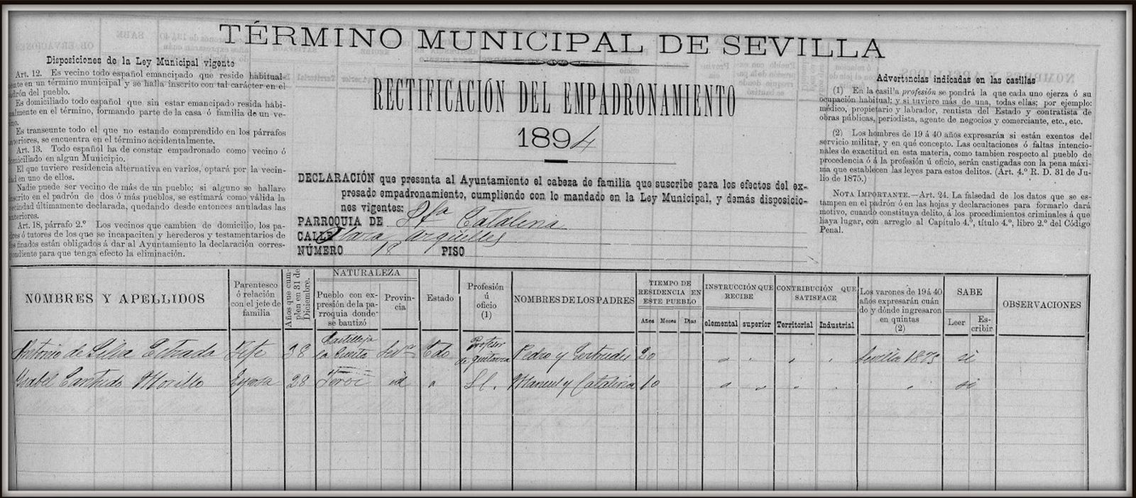 2. Hoja de empadronamiento de 1894.