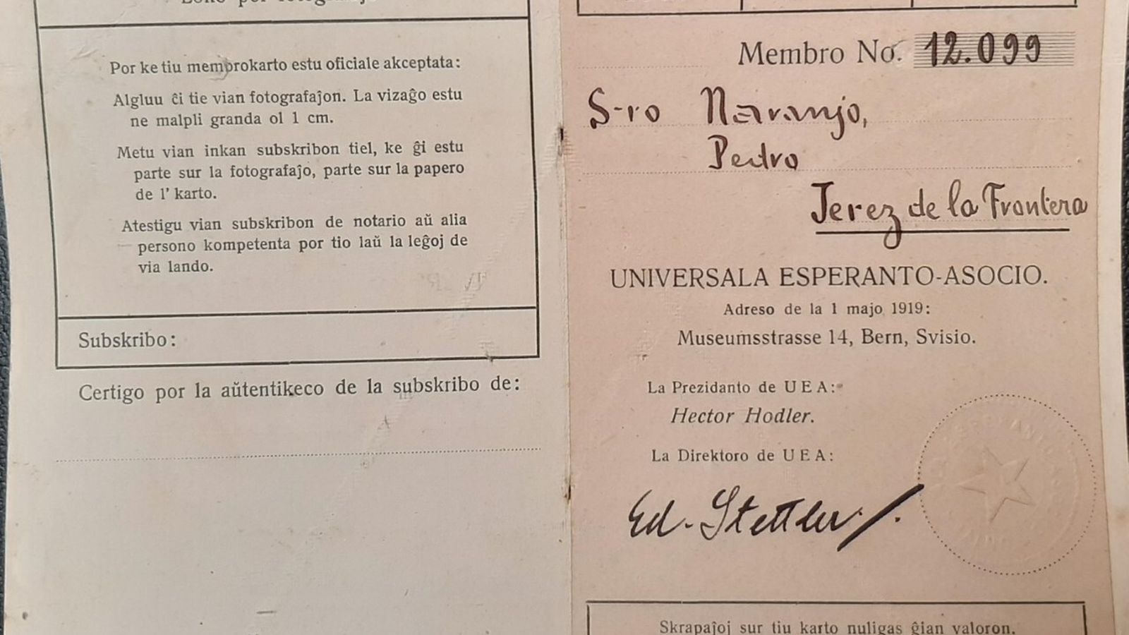 Carnet esperantista de Pedro Naranjo, 1919