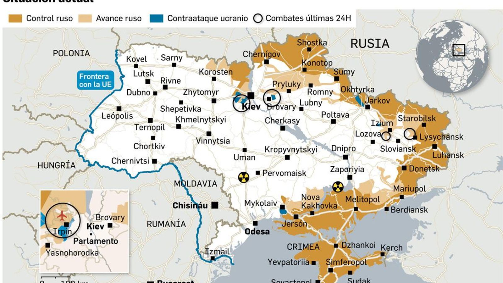 La situación actual de los combates en Ucrania.
