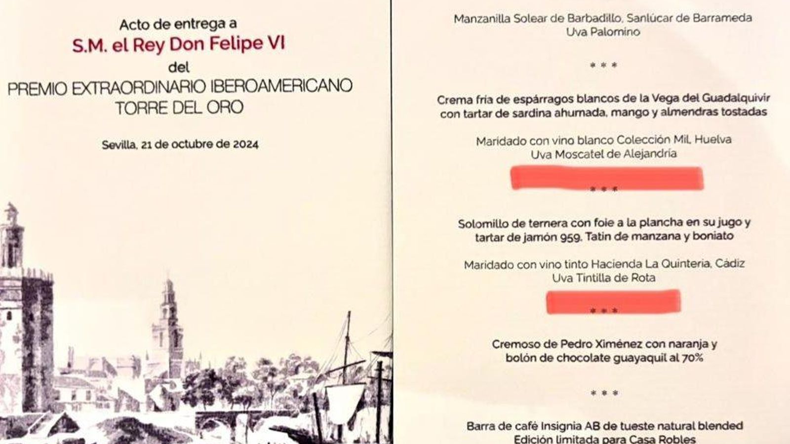 Menú del almuerzo servido en el Real Alcázar de Sevilla.