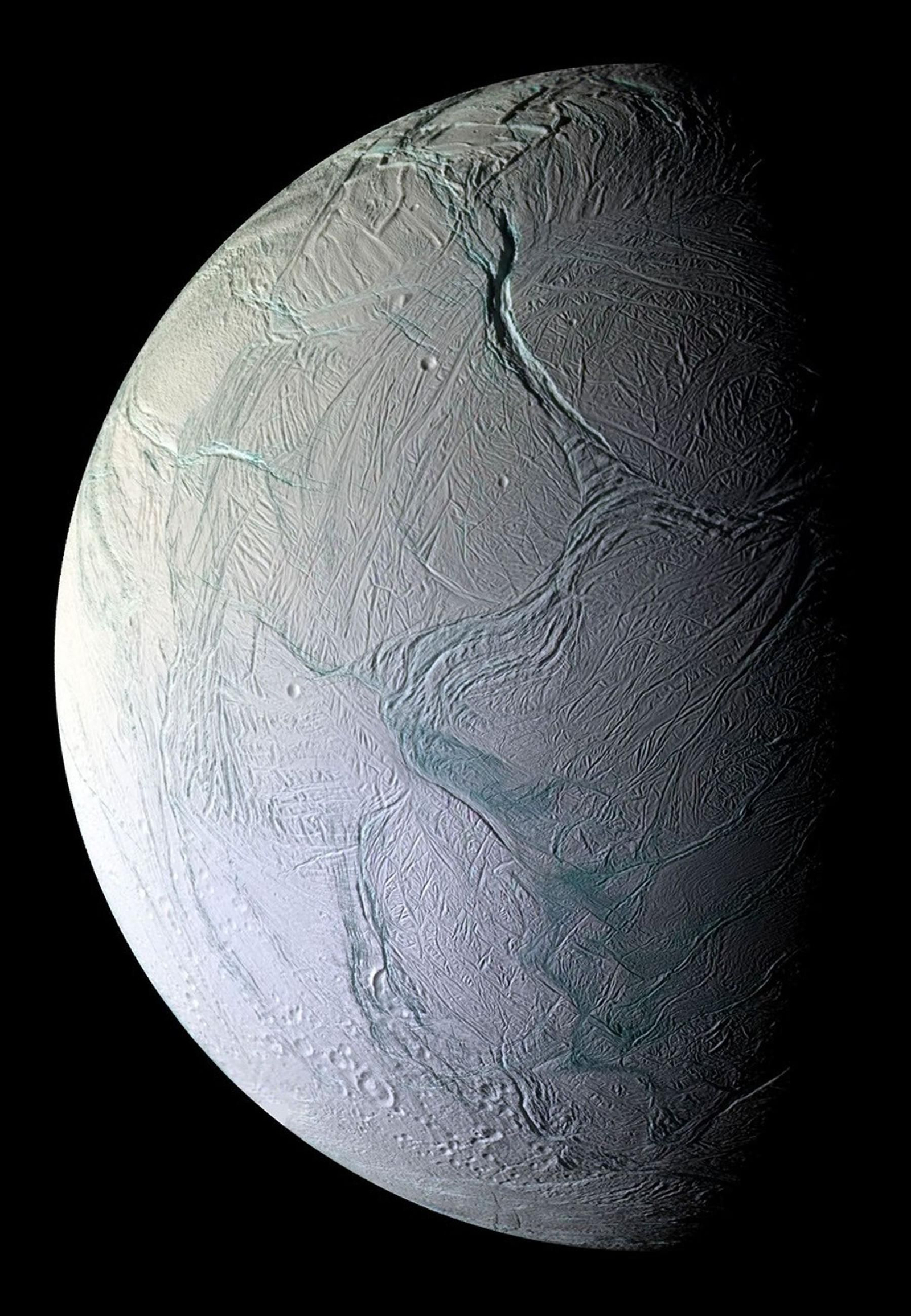 Imagen de Encélado, la luna de Saturno, creada con un mosaico de fotos tomadas por la sonda Cassini.