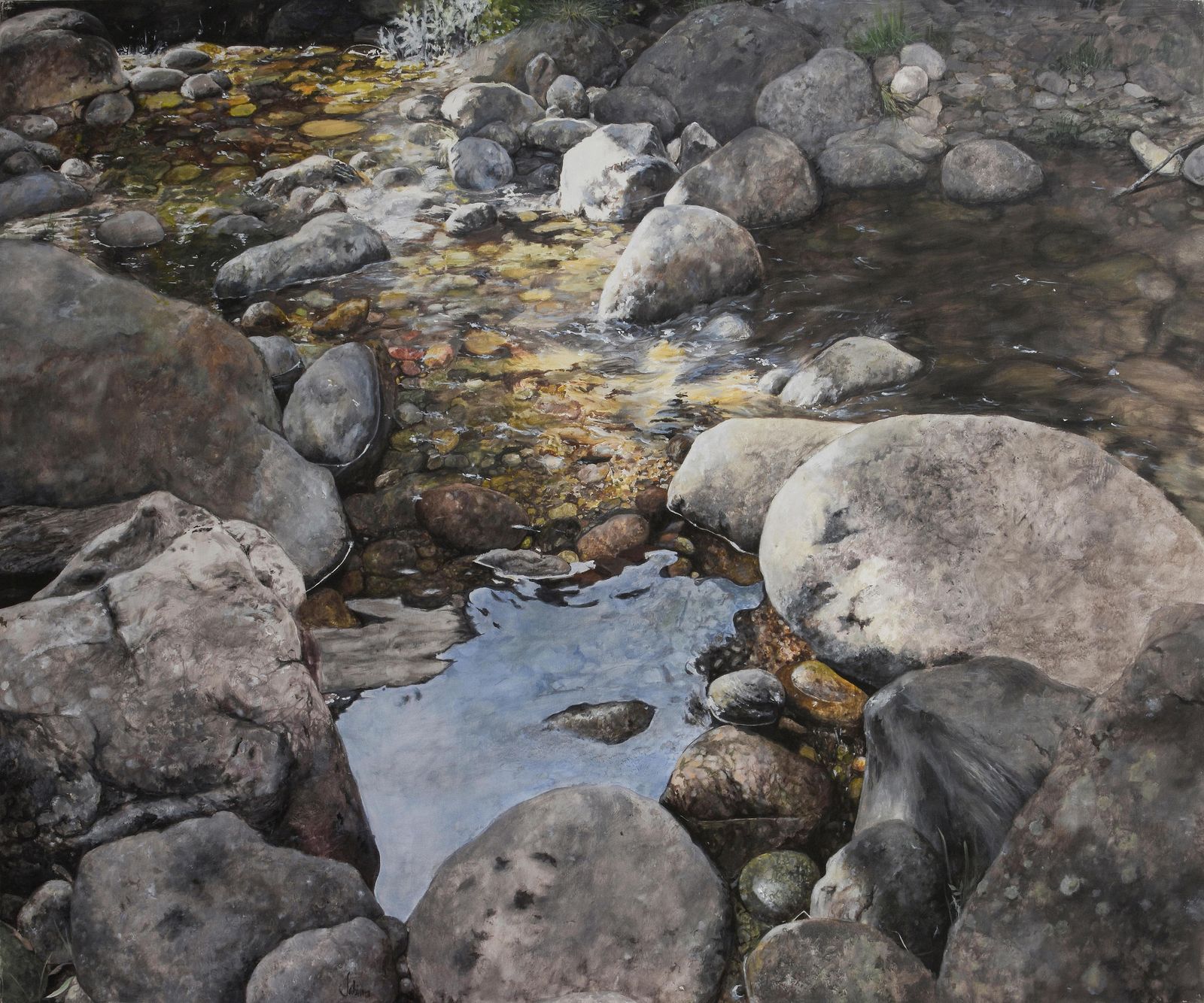 1 y 2. El agua en distintos escenarios, en un arroyo o en una fuente, entre otros, puede apreciarse en 'Agua'. 3. Sabino Moreno, Sabino (como se le conoce en el mundo artístico), posa con una de sus obras.