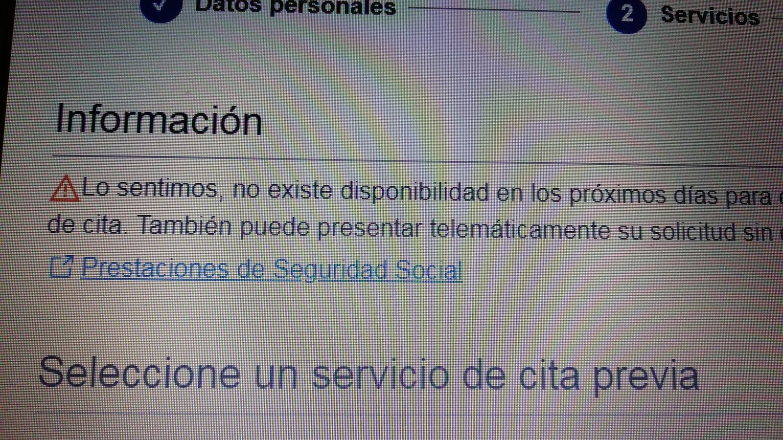 Página de la Seguridad Social sin disponibilidad de cita.
