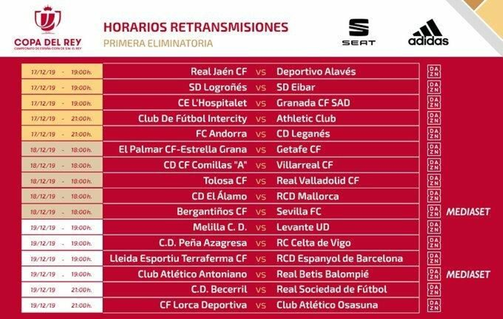 Los partidos que se televisarán en la primera ronda de la Copa del Rey.