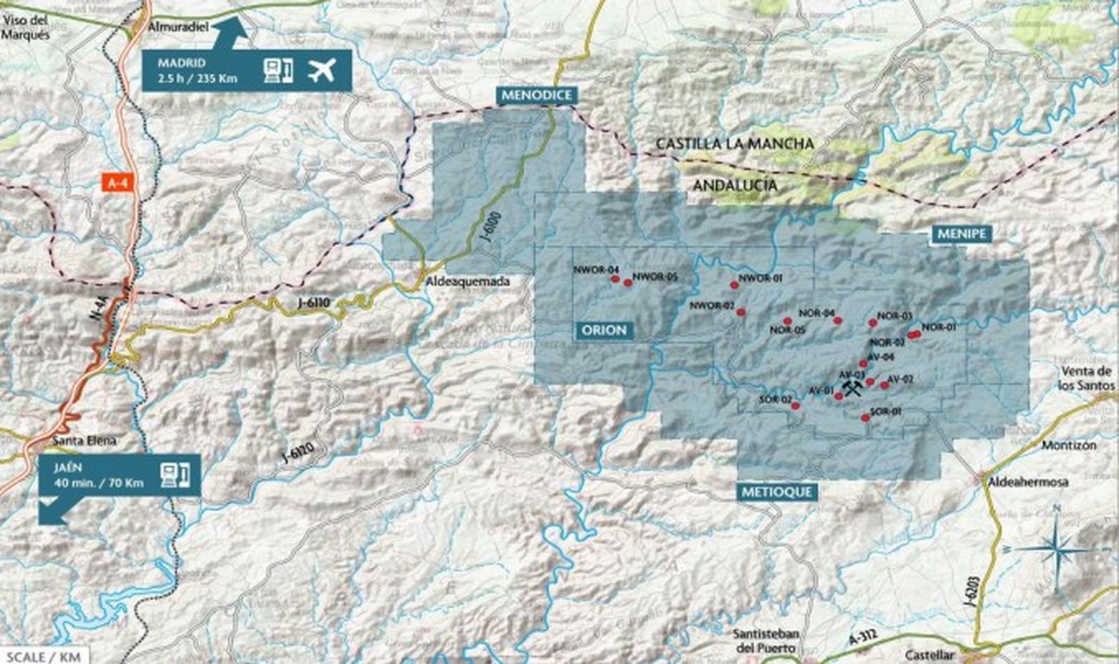 Mapa del desarrollo del proyecto Orión en la provincia de Jaén.