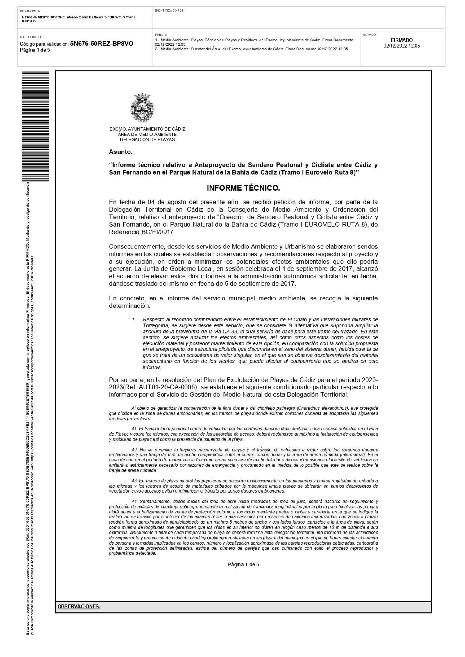 Informe municipal sobre el Eurovelo 8.