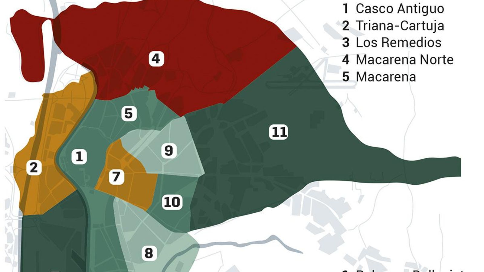 Renta media por hogar en los distritos de Sevilla en 2021. Fuente: INE.