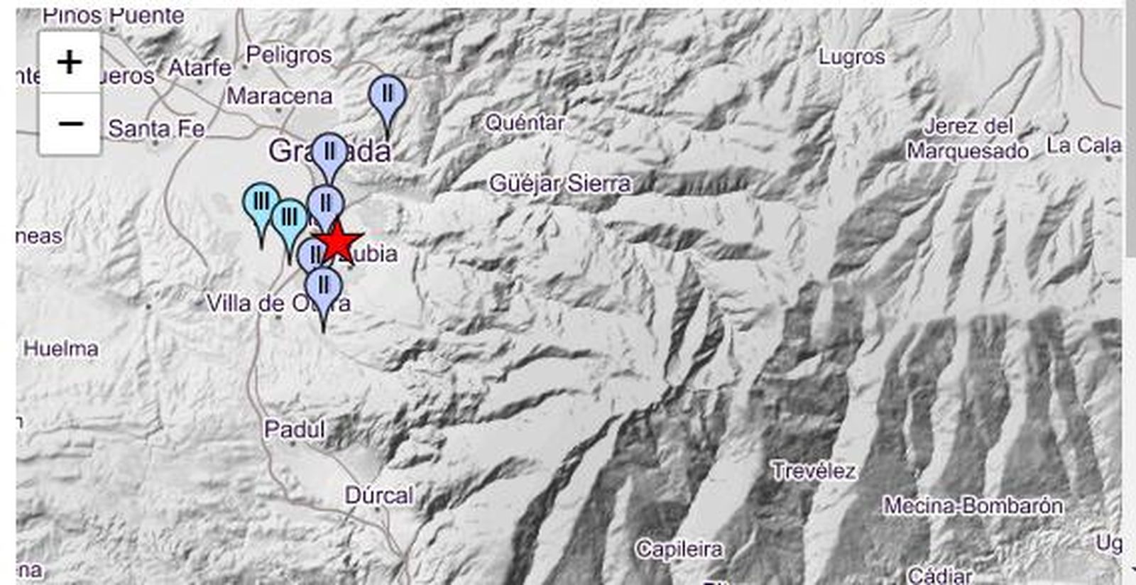 Mapa de intensidades del temblor de las 15:18 horas.