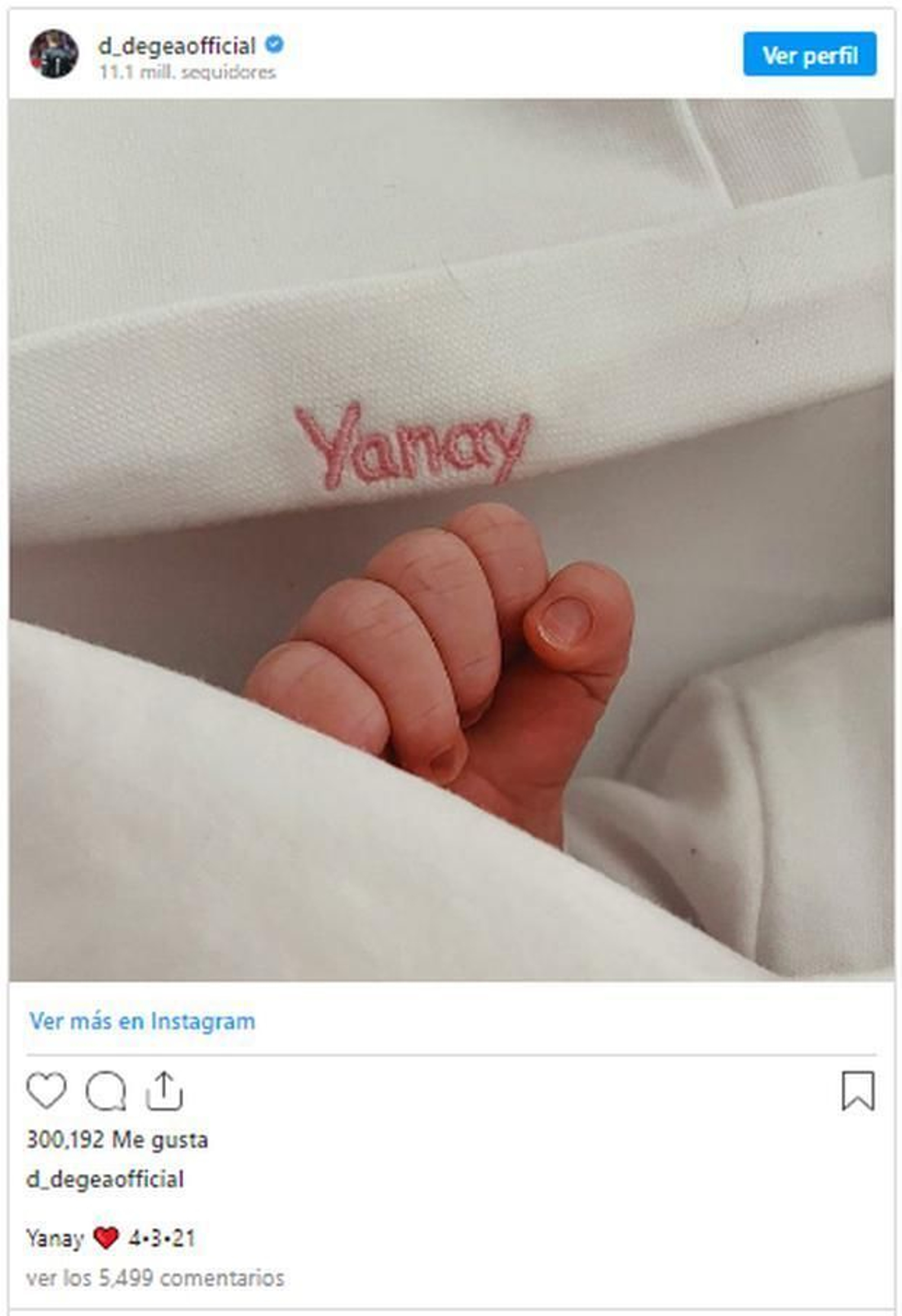 Publicación de David de Gea en la que se aprecia la manita de su recién nacida, Yanai.