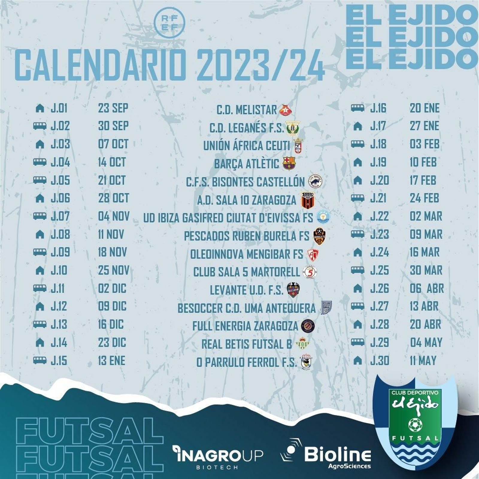 Calendario del El Ejido Futsal en esta próxima temporada que militará otra vez en Segunda División.