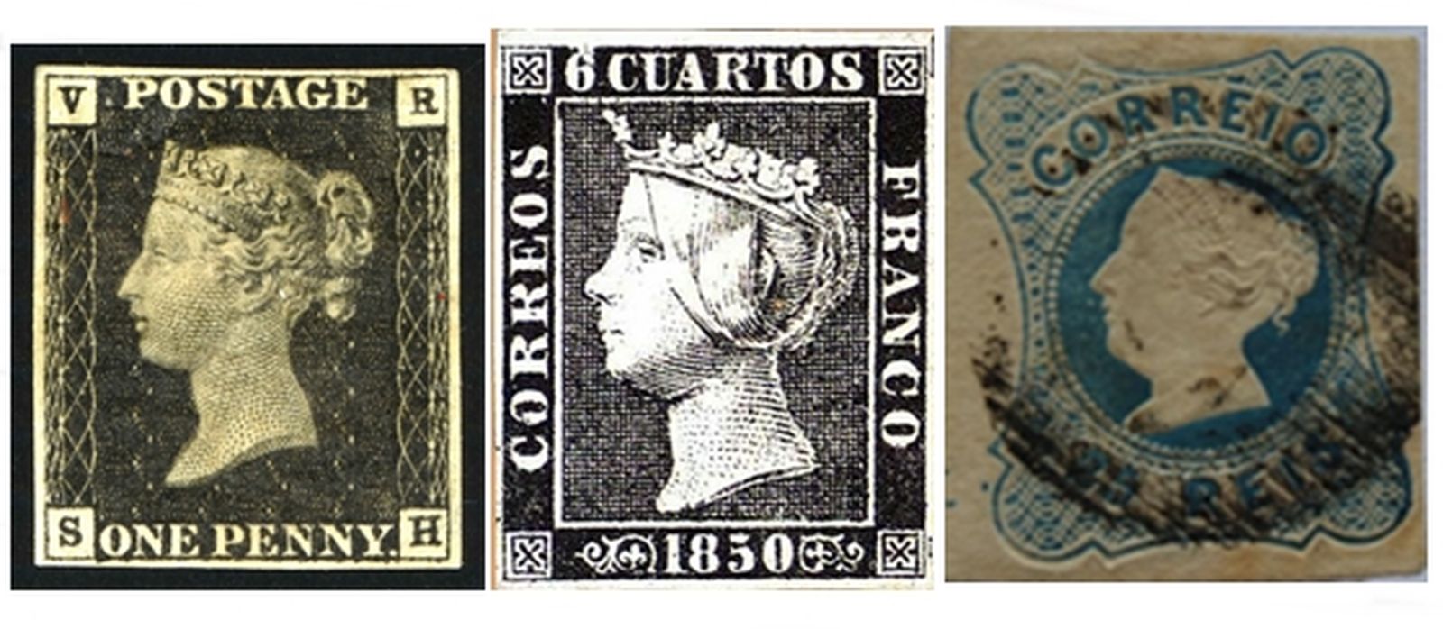 Primeros sellos: El célebre sello Black Penny inglés de Victoria I, el de Isabel II y el de María II de Portugal