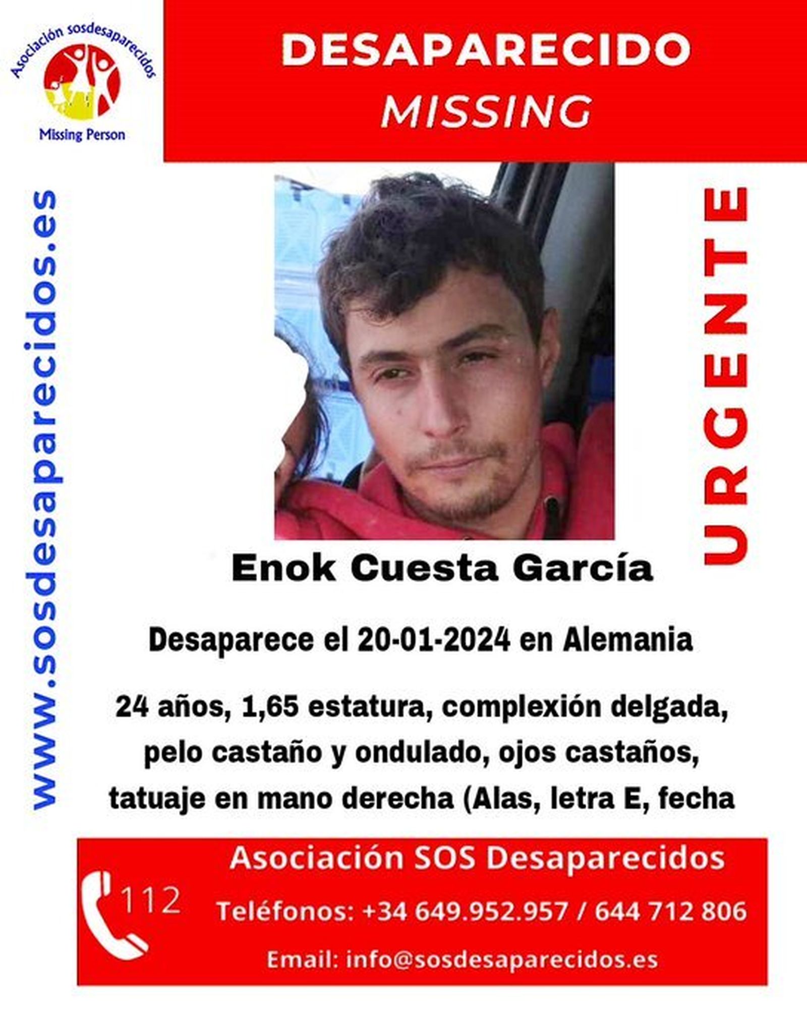 El cartel de Enok Cuesta García, desaparecido el 20 de enero en Alemania