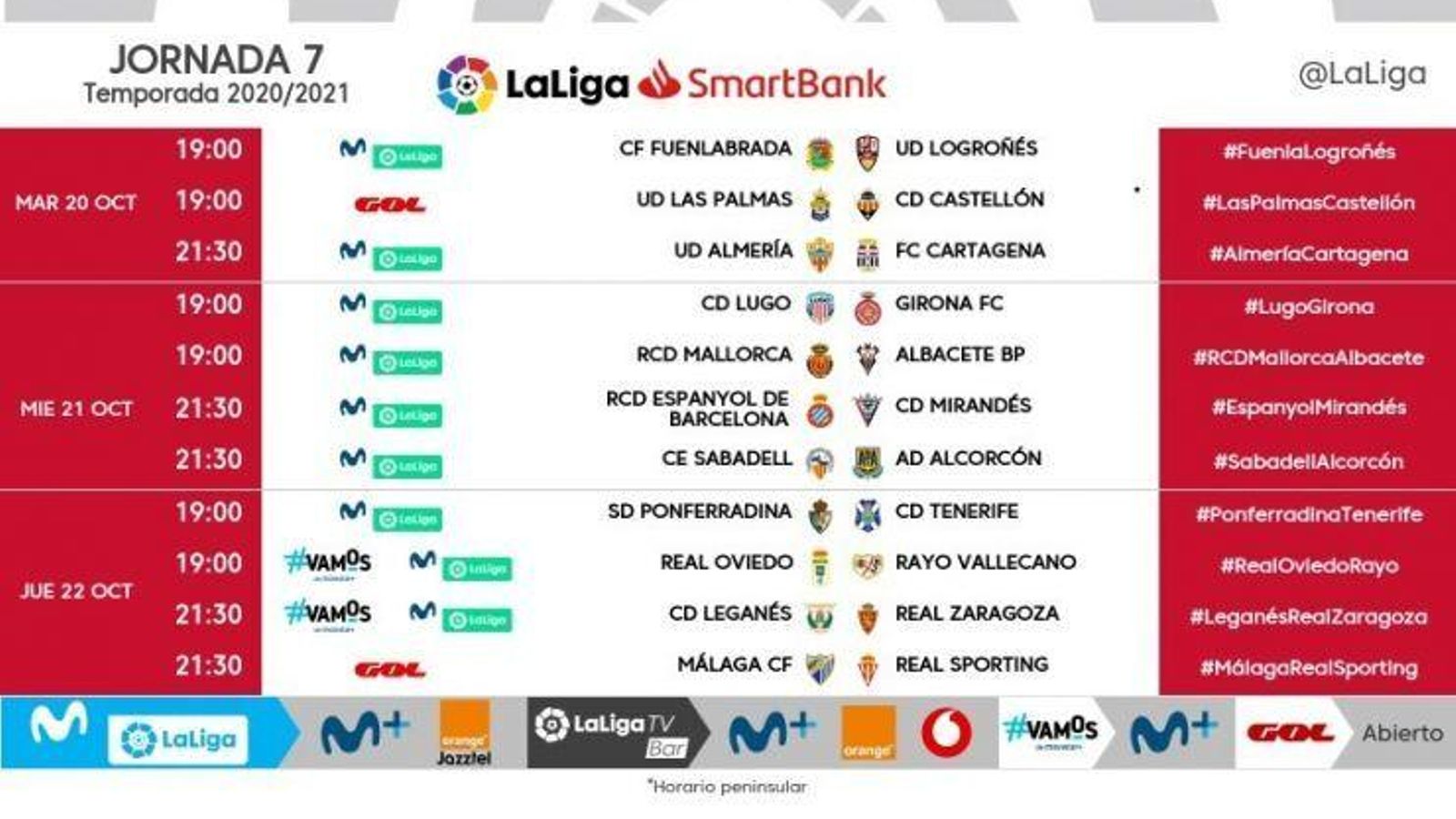 Horarios de la Jornada 6 de la Liga SmartBank