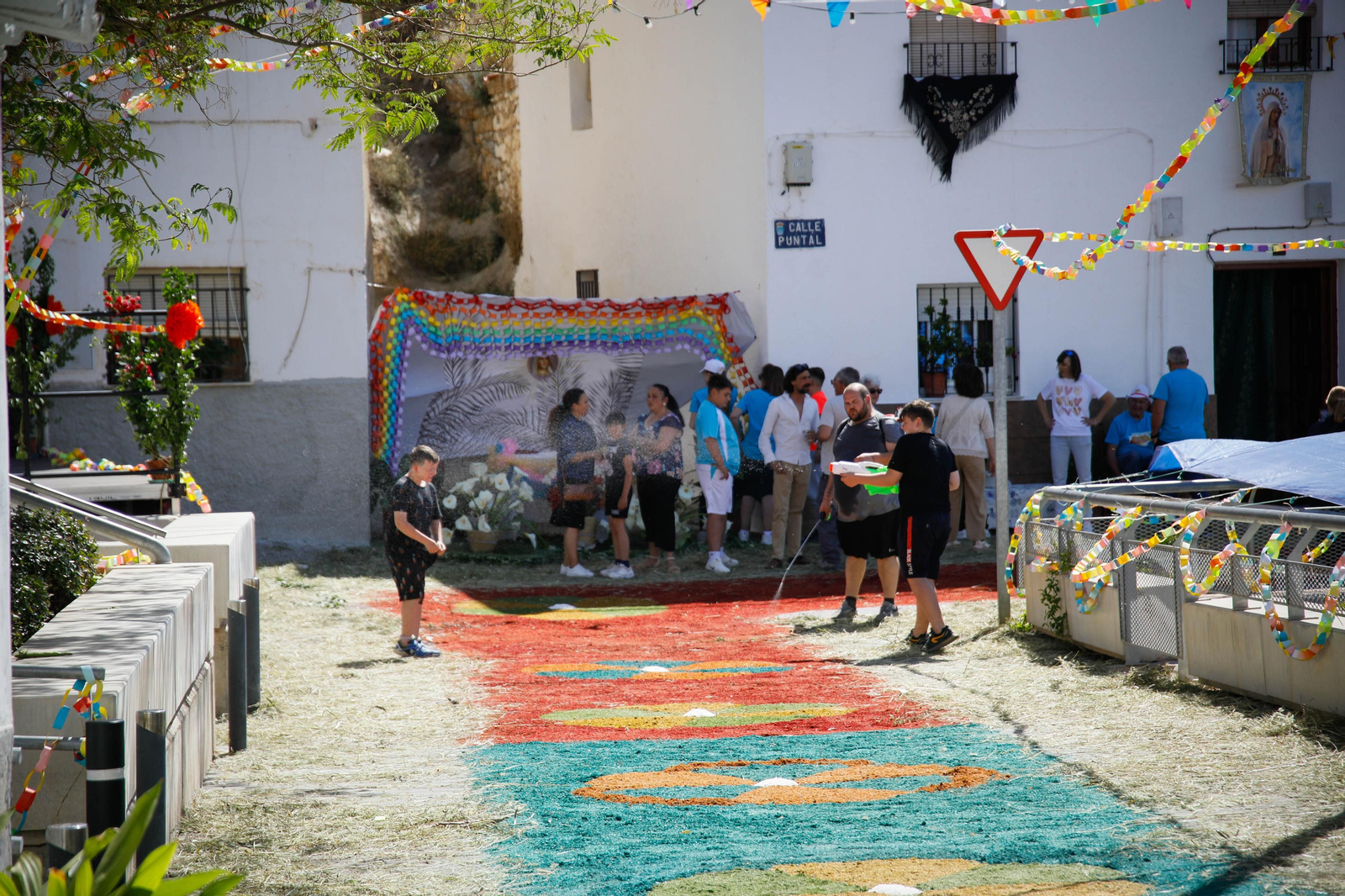 Así es la gran alfombra de serrín para que levite la Virgen de Fátima de Tíjola