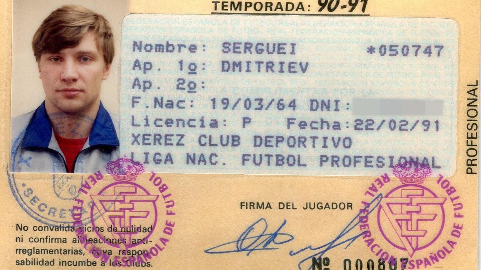 La ficha de Dimitriev con el Xerez CD.