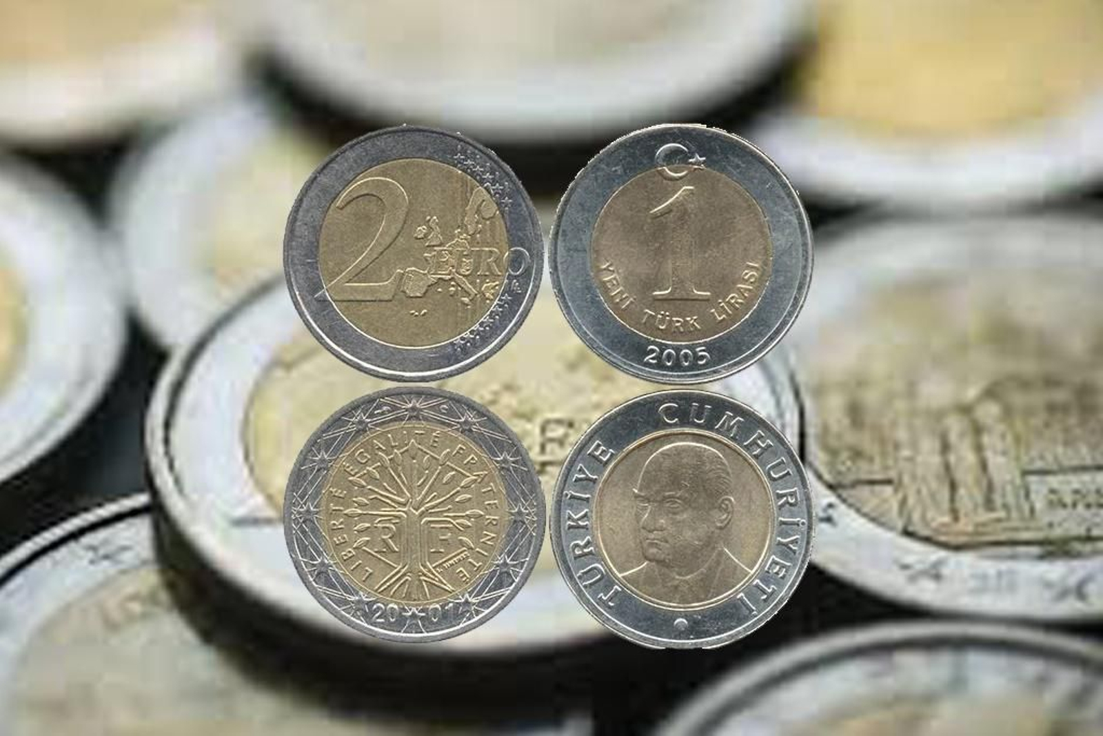 La moneda de 1 lira turca junto a la de 2 euros