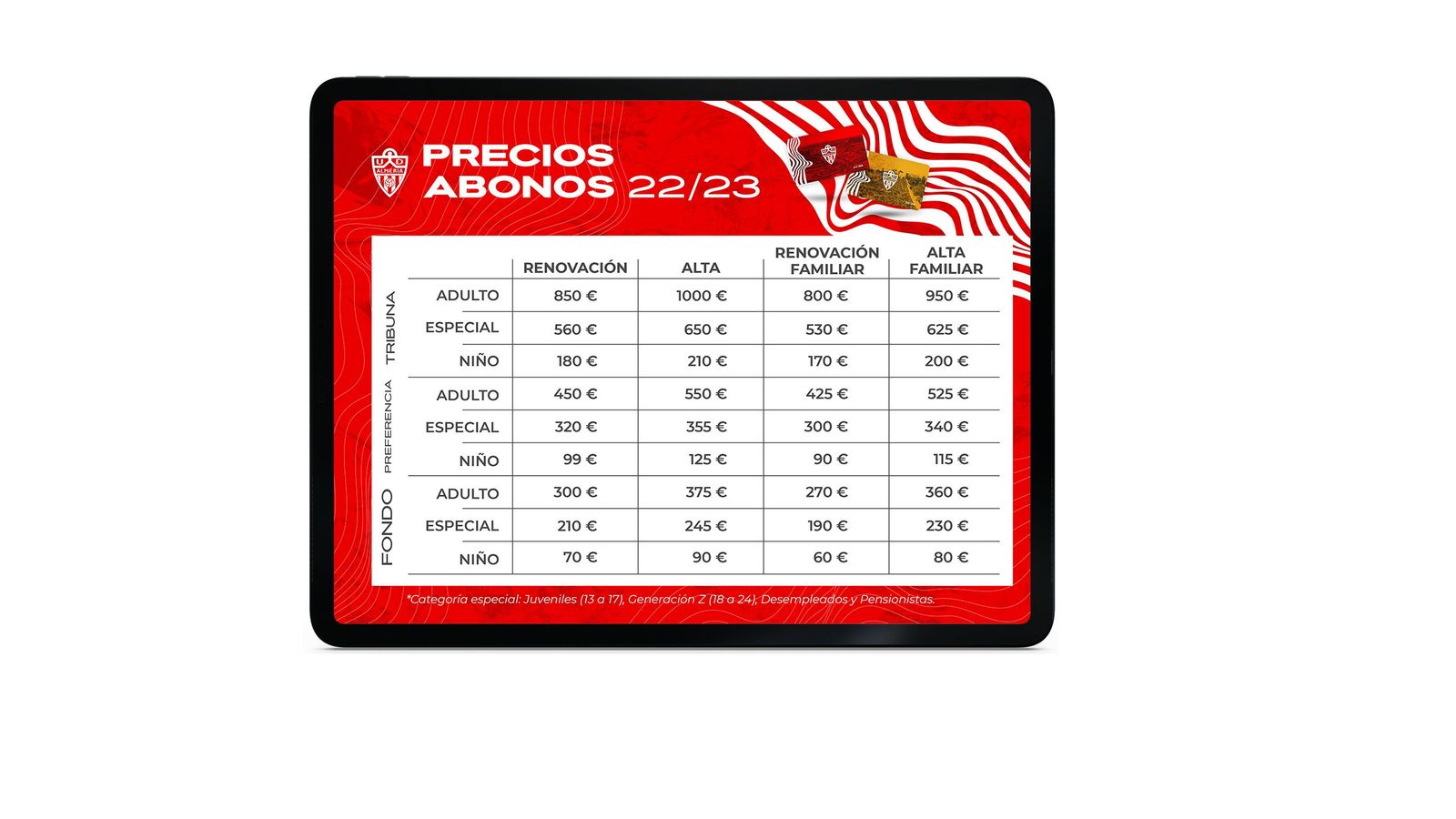 Tabla de precios de los abonos para la nueva temporada