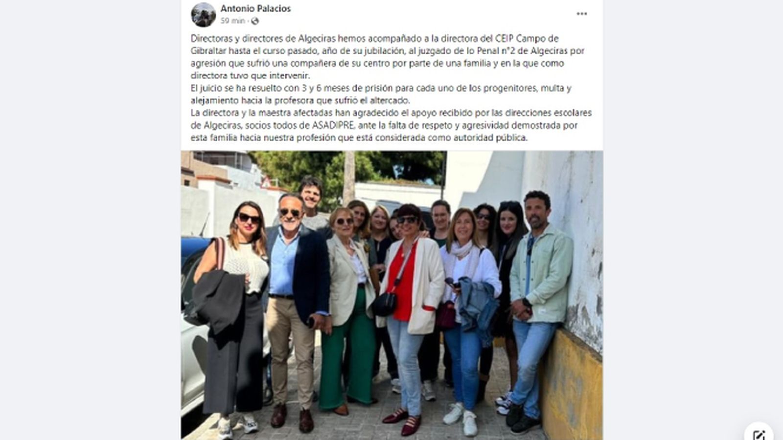 La publicación de Facebook de uno de los compañeros de la docente agredida.