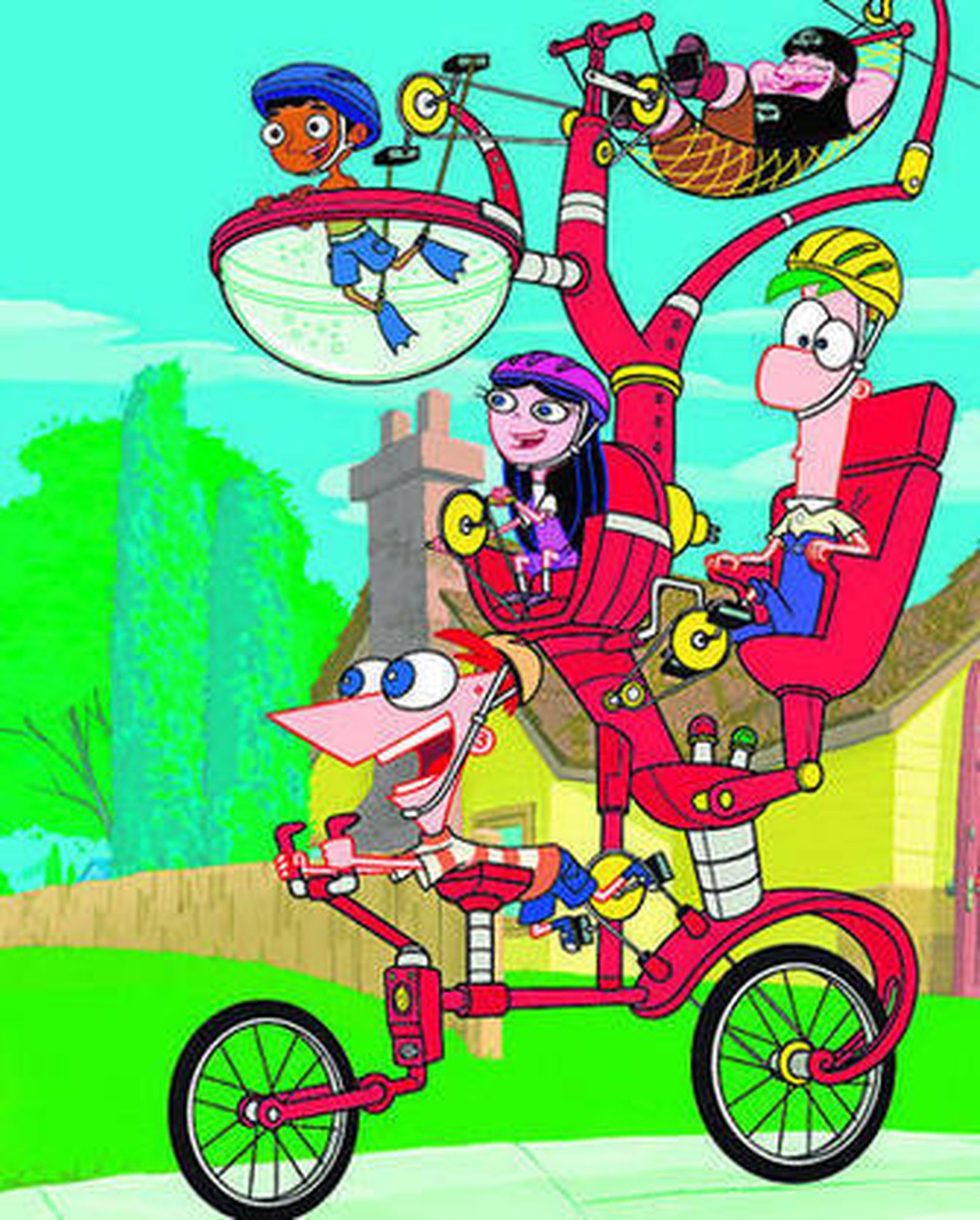 Phineas, Ferb y sus amigos en uno de sus nuevos inventos.