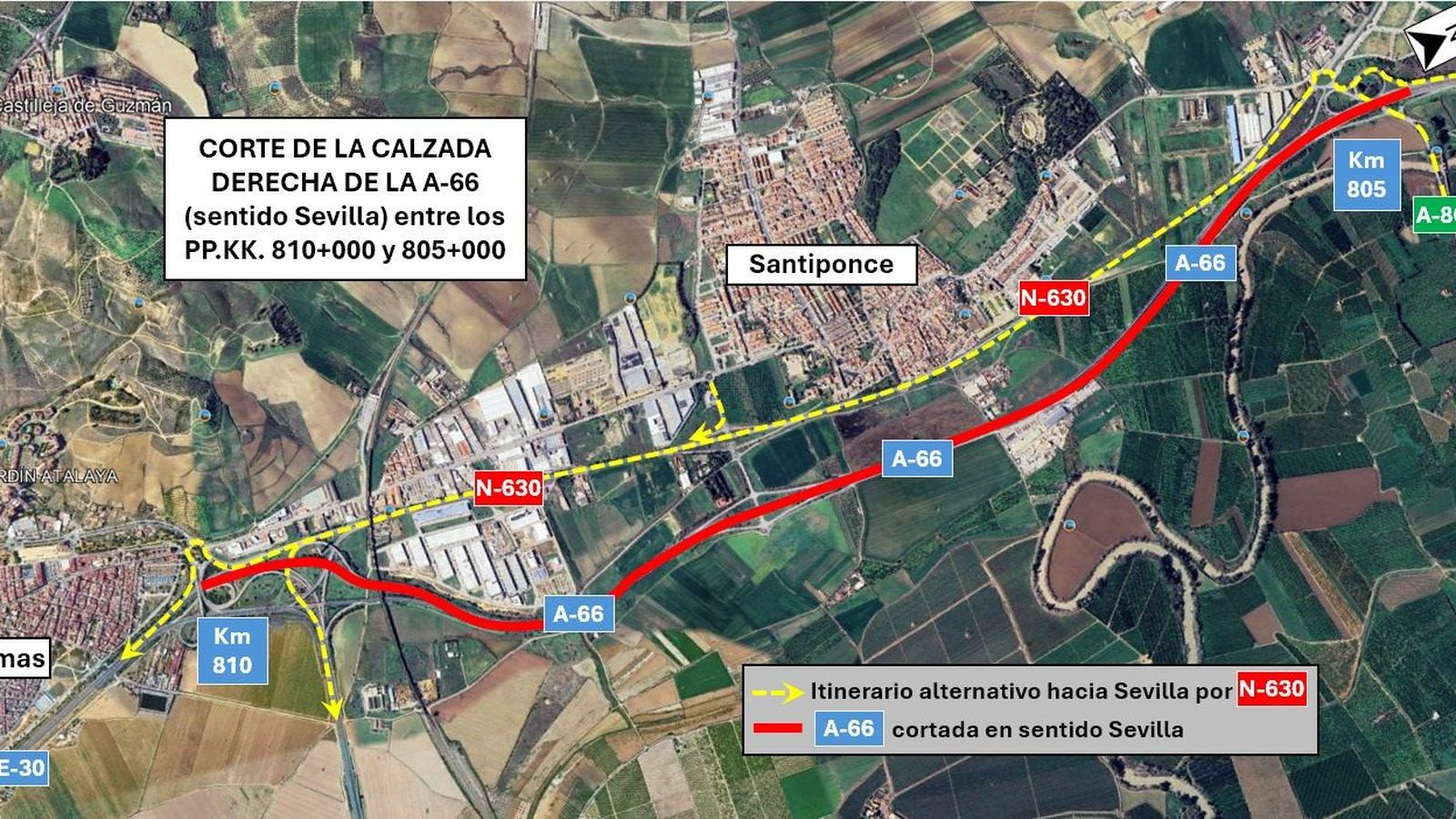 Comienzan este lunes los cortes nocturnos por las obras en la A-66  sentido Sevilla por Santiponce  y Camas.