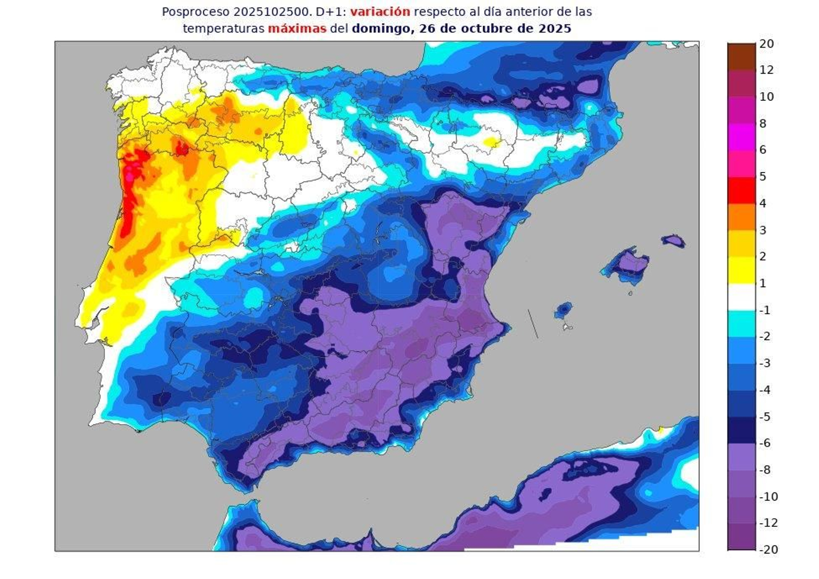 Mapa de la Aemet con la variación térmica para este domingo.