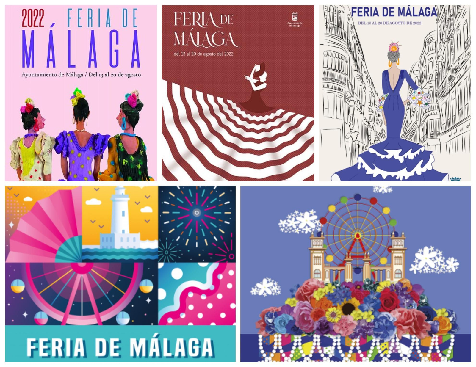 Estos son los cinco carteles finalistas para anunciar la Feria de Málaga 2022.