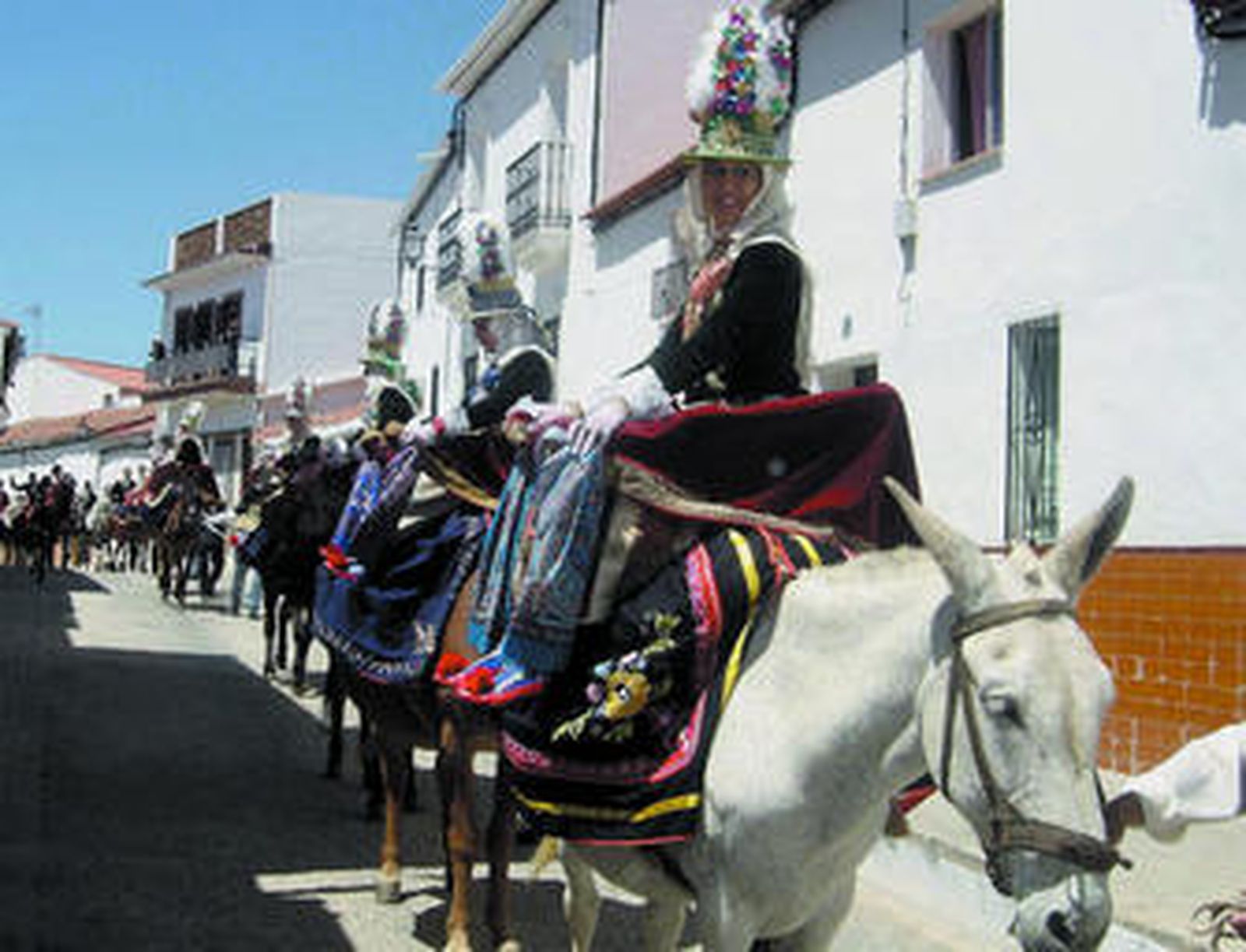 La comitiva enfila el camino de la ermita tras recoger a las galanas, que a lomos de los mulos exhiben un ropaje colorista y repleto de tradición.