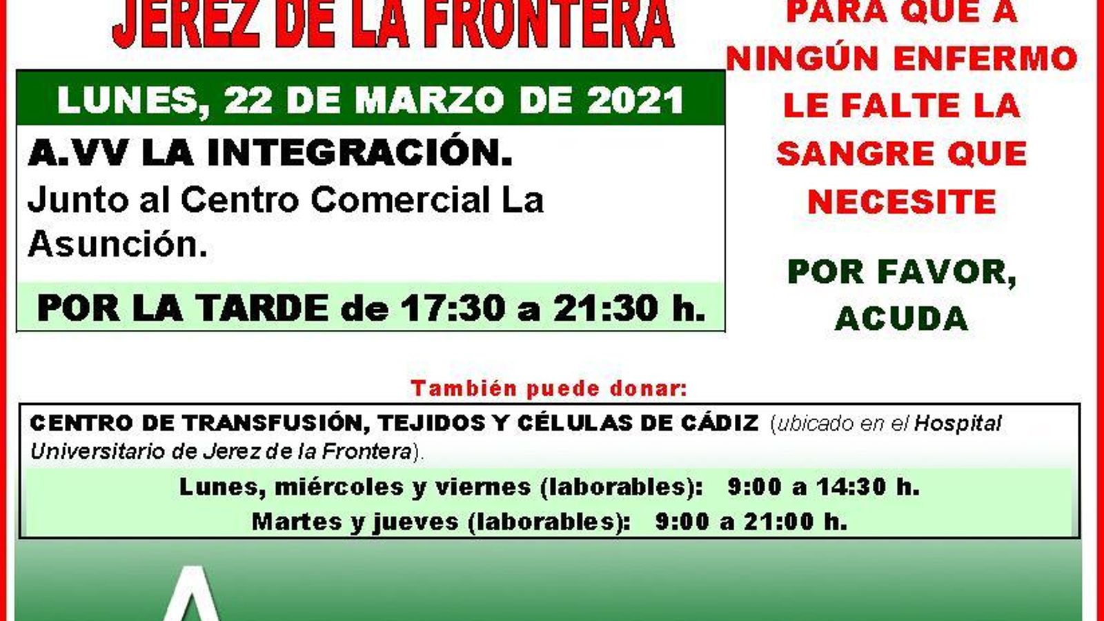 Donación el próximo lunes en la Asociación de Vecinos La Integración.