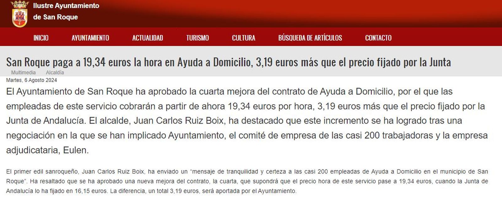 Extracto de la web municipal con la información.