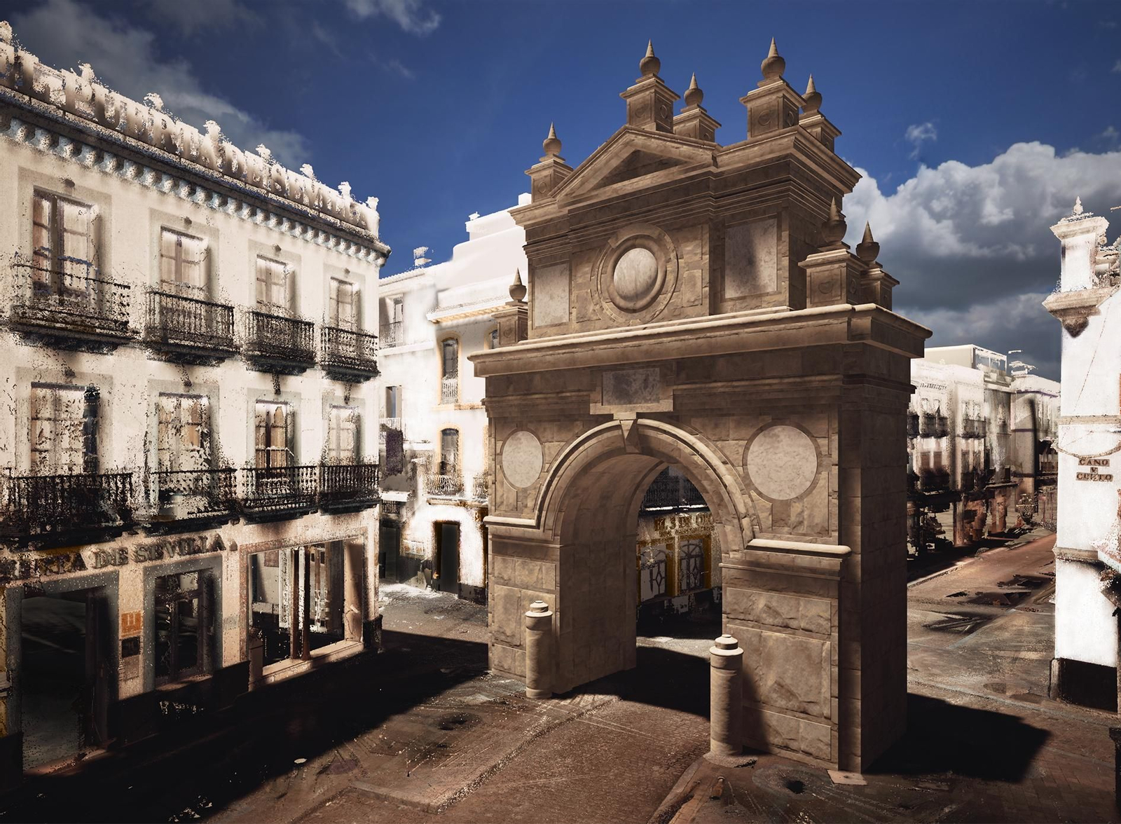 Reconstrucción digital de la Puerta de la Carne en su entorno actual, según el  punto de vista  fotográfico de Vigier.