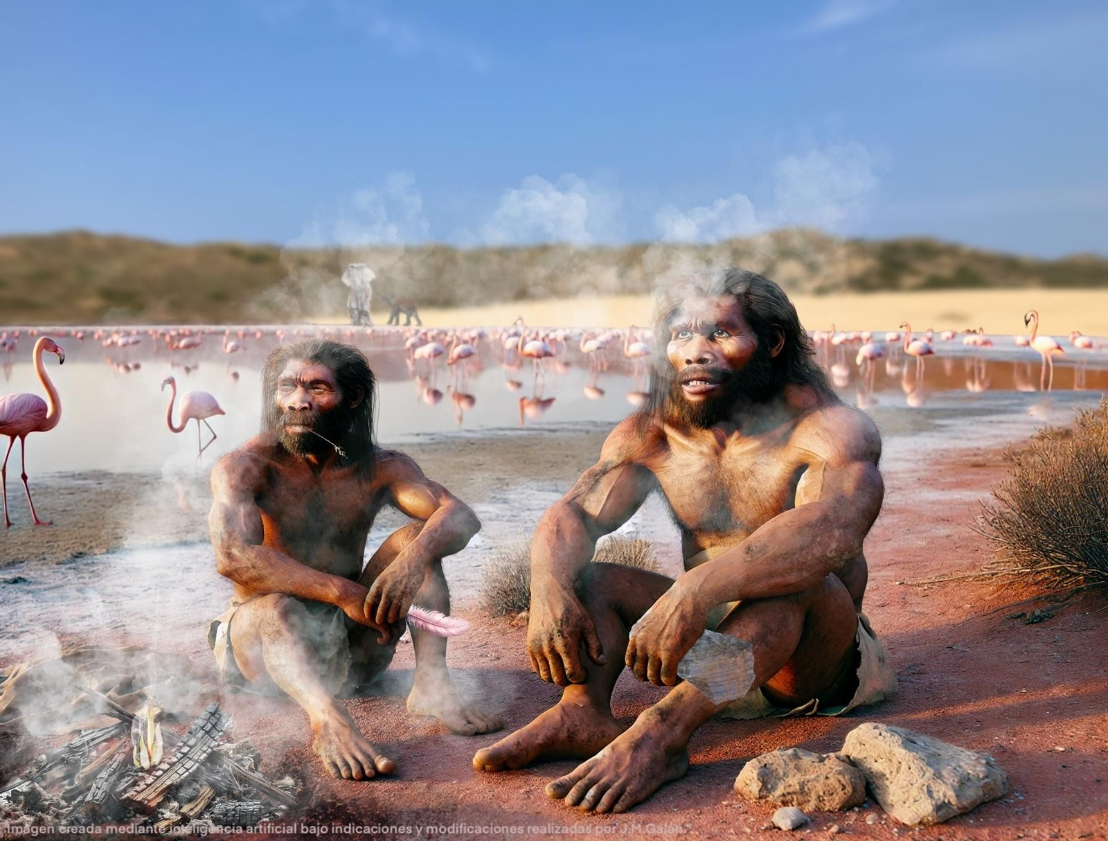 Imagen de flamencos en presencia de neandertales en Doñana. Imagen de flamencos en presencia de neandertales en Doñana.
