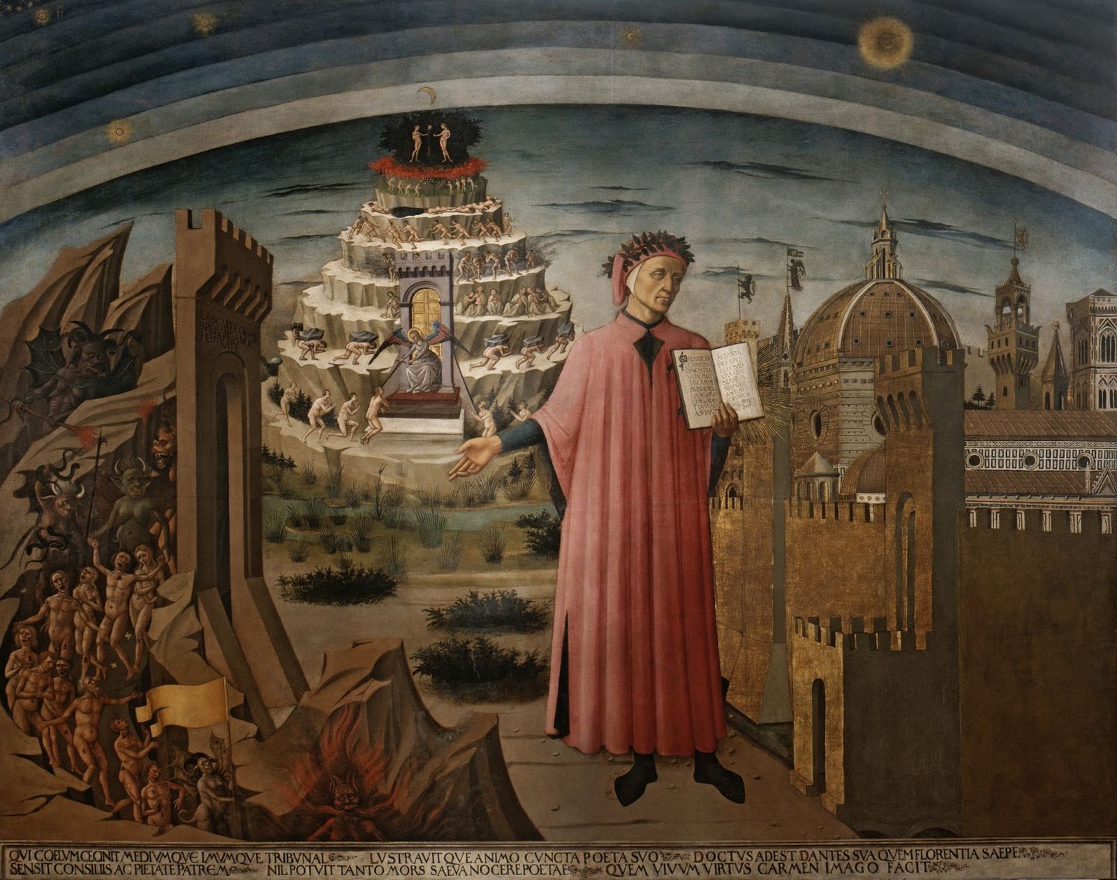 Dante Alighieri con Florencia y los Reinos de la Divina Comedia (Infierno, Purgatorio, Paraíso), obra de Domenico di Michelino expuesta en el Duomo de Florencia