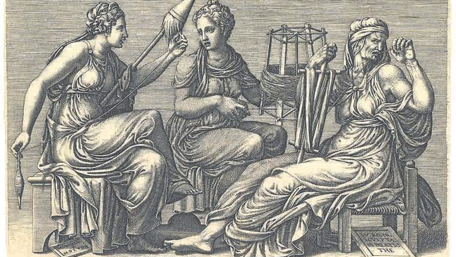 Clotho, Láquesis y Átropos en 'Las tres Parcas' (1558) de Giorgio Ghisi.